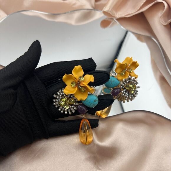 Vibrant Statement Floral Yellow Drop Earrings with Beaded Details - Picture 8 of 8